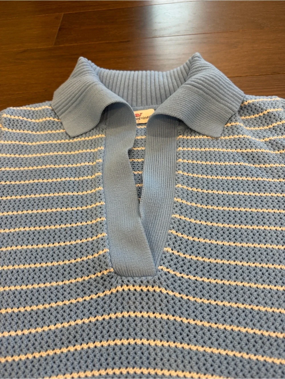 vineyard vines Stripe Short Sleeve Crochet Polo Sweater in Blue Medium - C51-016